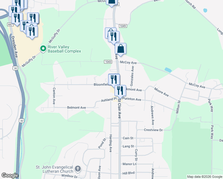 map of restaurants, bars, coffee shops, grocery stores, and more near 48735-49099 Bloomfield Ave in East Liverpool