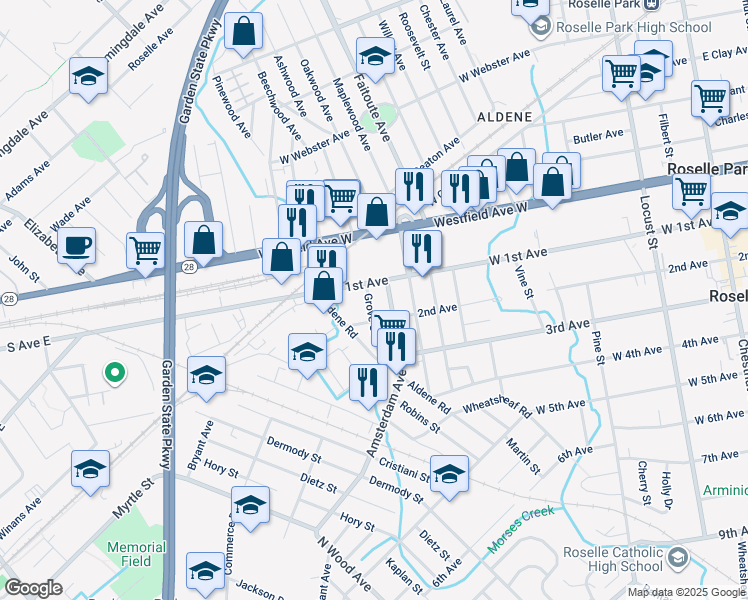 map of restaurants, bars, coffee shops, grocery stores, and more near 111 Grove Street in Roselle