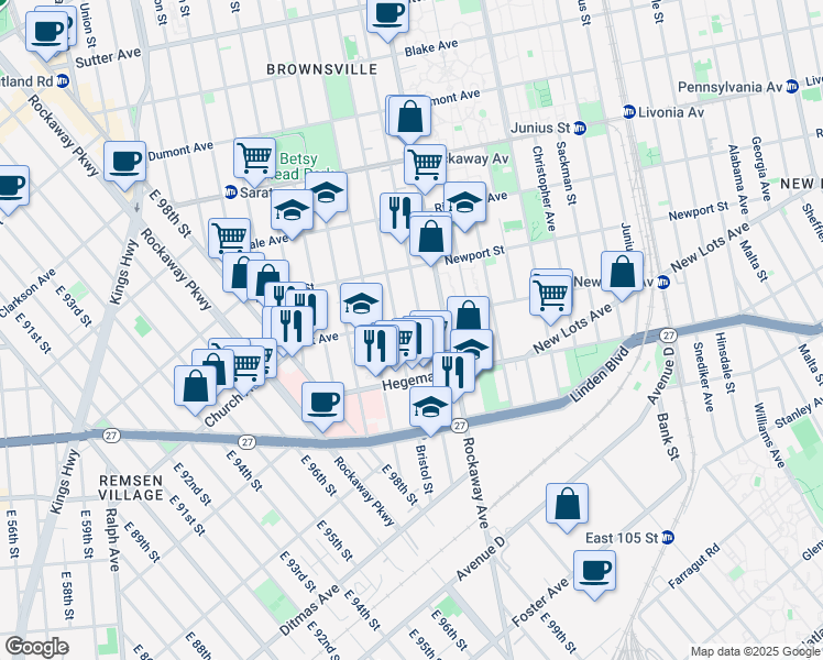 map of restaurants, bars, coffee shops, grocery stores, and more near 126 Lott Avenue in Brooklyn