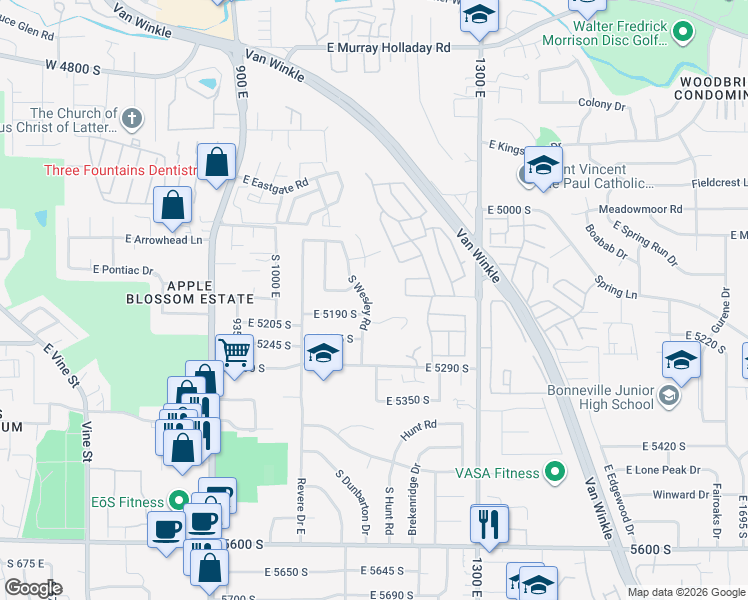 map of restaurants, bars, coffee shops, grocery stores, and more near 5162 South Wesley Road in Salt Lake City