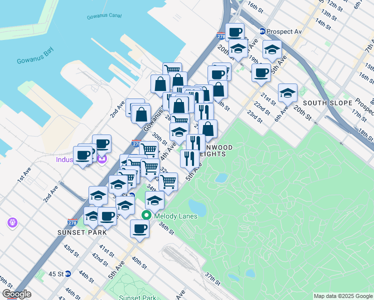 map of restaurants, bars, coffee shops, grocery stores, and more near 192 29th Street in Brooklyn