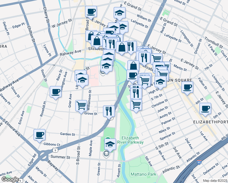 map of restaurants, bars, coffee shops, grocery stores, and more near 313 Pearl Street in Elizabeth