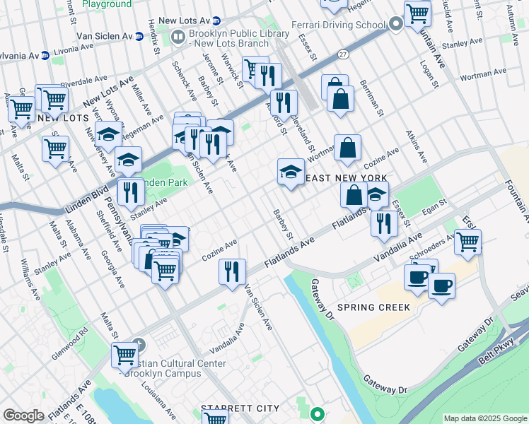 map of restaurants, bars, coffee shops, grocery stores, and more near 945 Schenck Avenue in Brooklyn