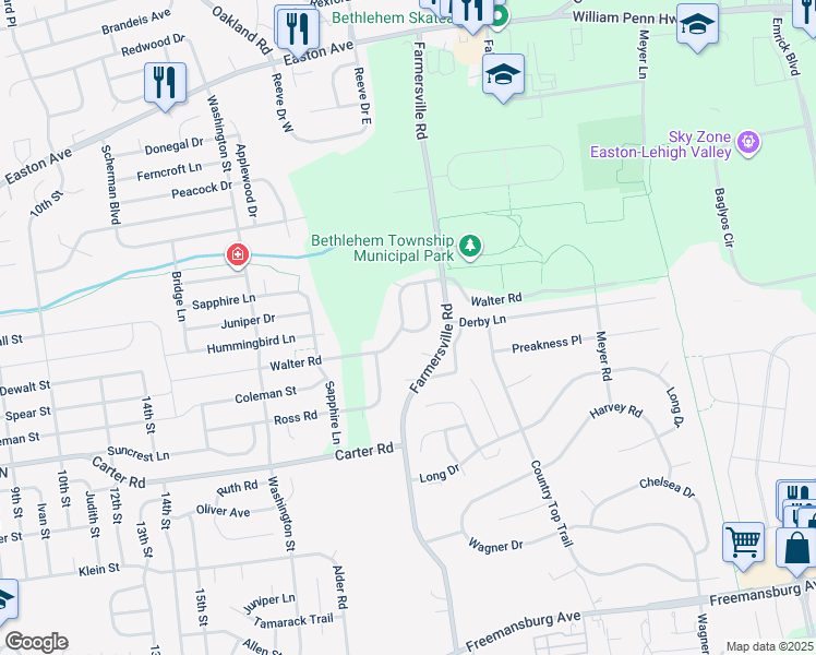 map of restaurants, bars, coffee shops, grocery stores, and more near 2700 Bachman Drive in Bethlehem