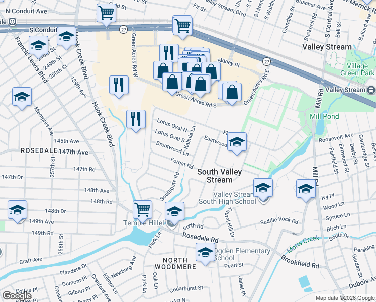 map of restaurants, bars, coffee shops, grocery stores, and more near 70 Brentwood Lane in Valley Stream