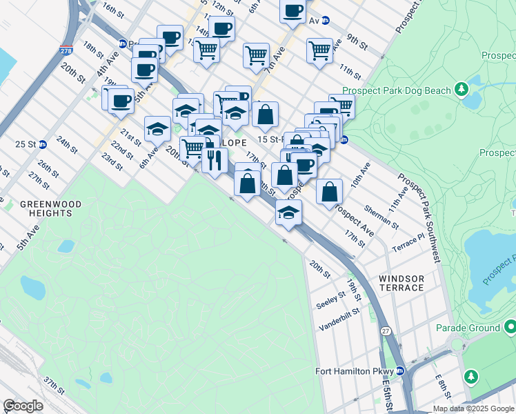 map of restaurants, bars, coffee shops, grocery stores, and more near 450 19th Street in Brooklyn
