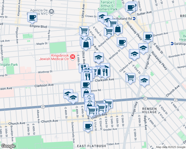 map of restaurants, bars, coffee shops, grocery stores, and more near 151 East 52nd Street in Brooklyn
