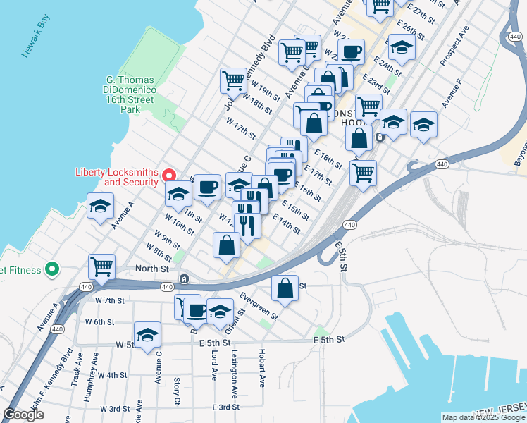 map of restaurants, bars, coffee shops, grocery stores, and more near 309 Broadway in Bayonne