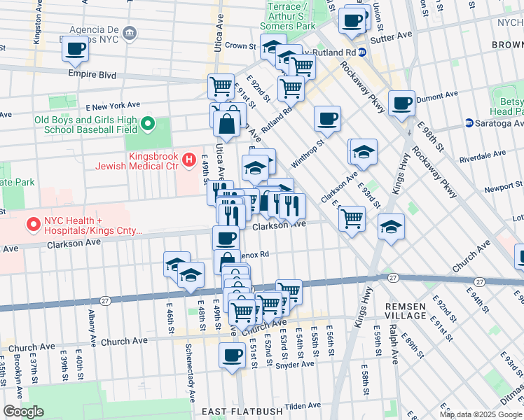 map of restaurants, bars, coffee shops, grocery stores, and more near 151 East 52nd Street in Brooklyn