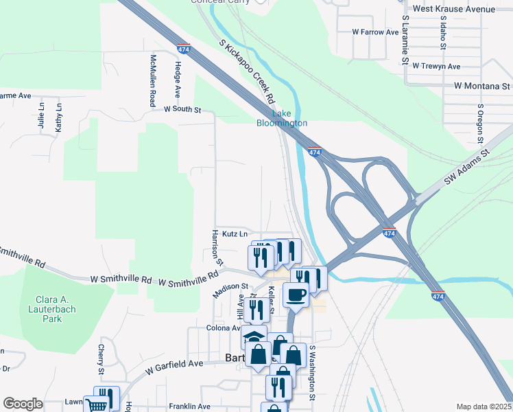map of restaurants, bars, coffee shops, grocery stores, and more near 219 Buena Vista Street in Bartonville