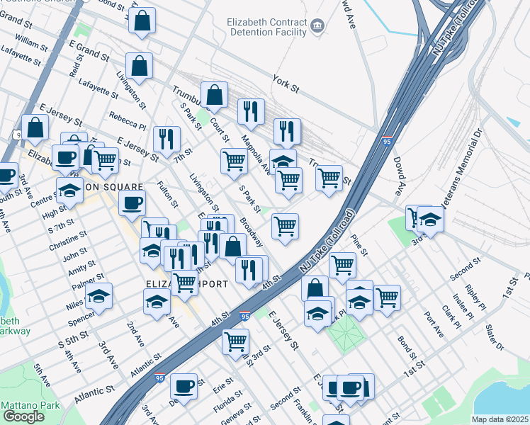map of restaurants, bars, coffee shops, grocery stores, and more near 509 South Park Street in Elizabeth