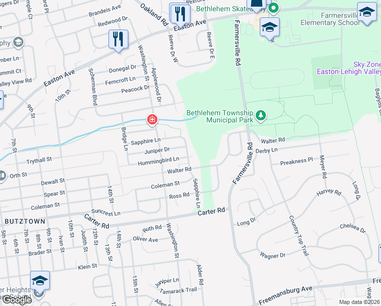 map of restaurants, bars, coffee shops, grocery stores, and more near 2804 Sapphire Lane in Bethlehem