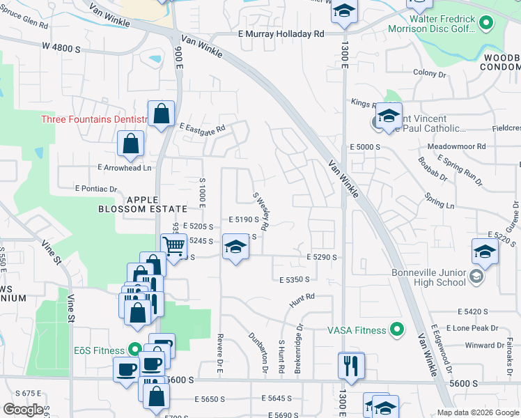 map of restaurants, bars, coffee shops, grocery stores, and more near 5162 South Wesley Road in Salt Lake City