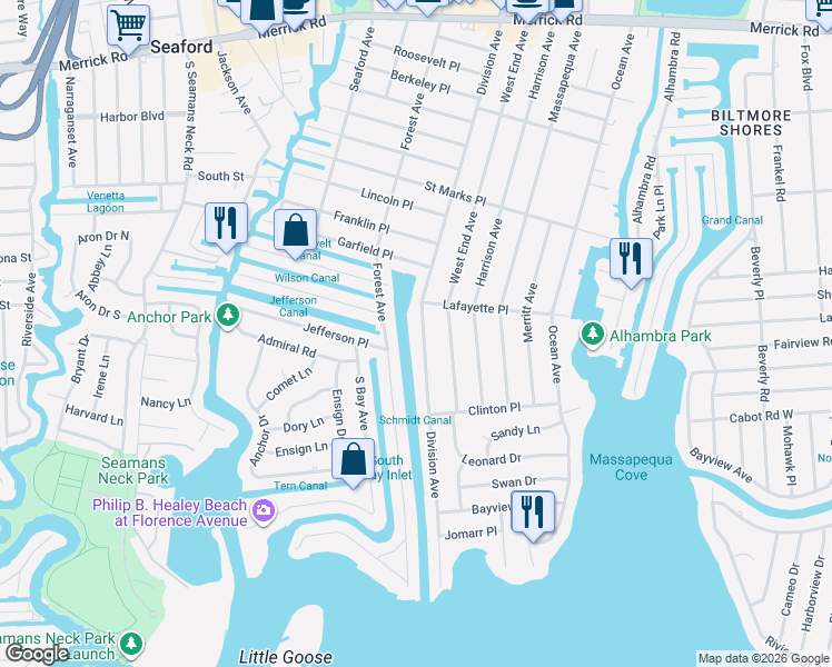 map of restaurants, bars, coffee shops, grocery stores, and more near 132 Division Avenue in Massapequa