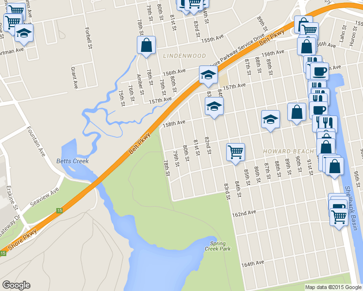 map of restaurants, bars, coffee shops, grocery stores, and more near 158-52 80th Street in Queens