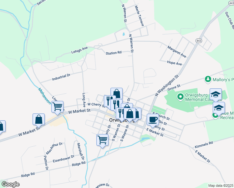 map of restaurants, bars, coffee shops, grocery stores, and more near 215 West Tammany Street in Orwigsburg