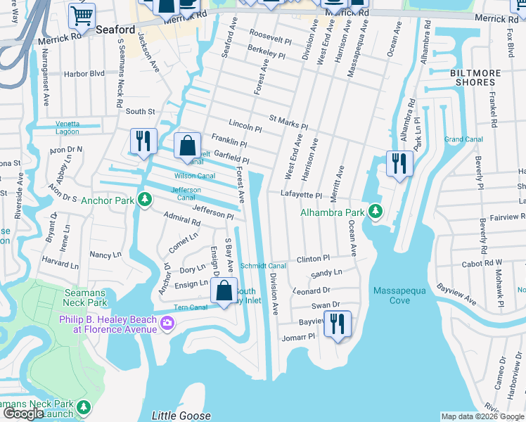 map of restaurants, bars, coffee shops, grocery stores, and more near 132 Division Avenue in Massapequa