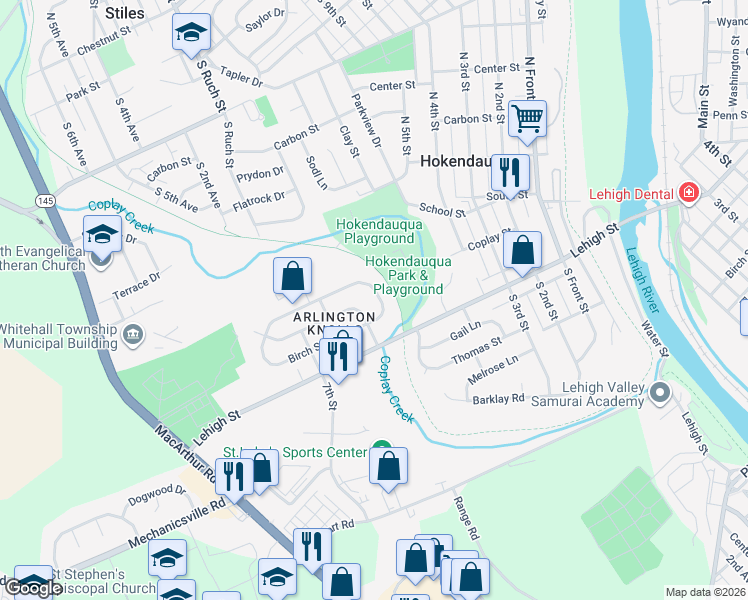 map of restaurants, bars, coffee shops, grocery stores, and more near 3150 Birch Circle East in Hokendauqua
