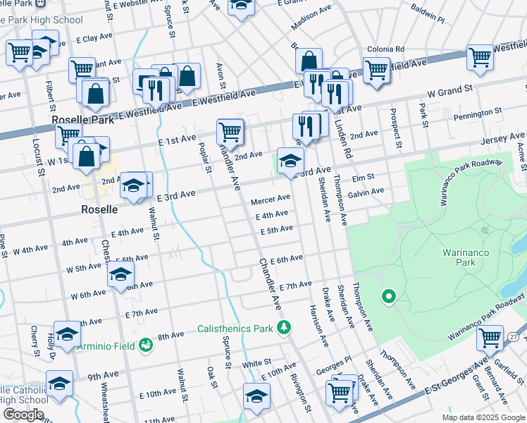 map of restaurants, bars, coffee shops, grocery stores, and more near 419 E 4th Ave in Roselle