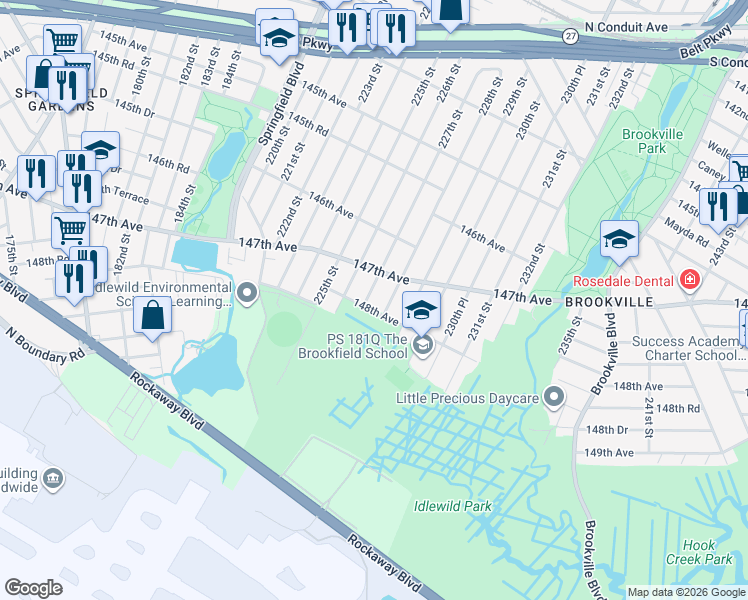 map of restaurants, bars, coffee shops, grocery stores, and more near 147-29 227th Street in Queens