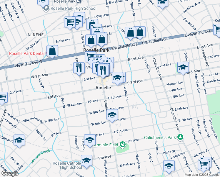 map of restaurants, bars, coffee shops, grocery stores, and more near 116 E 3rd Ave in Roselle