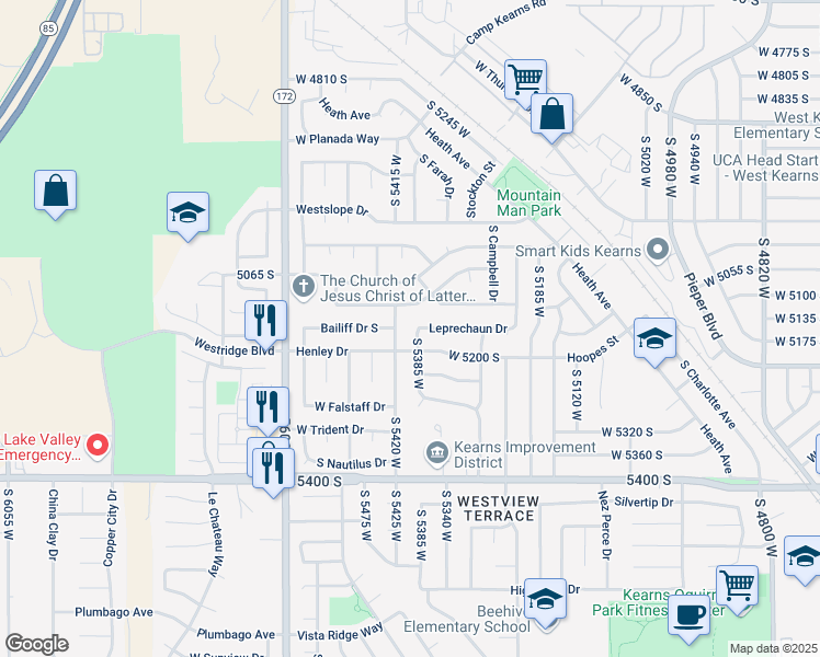 map of restaurants, bars, coffee shops, grocery stores, and more near 5160 South Leprechaun Lane in Kearns
