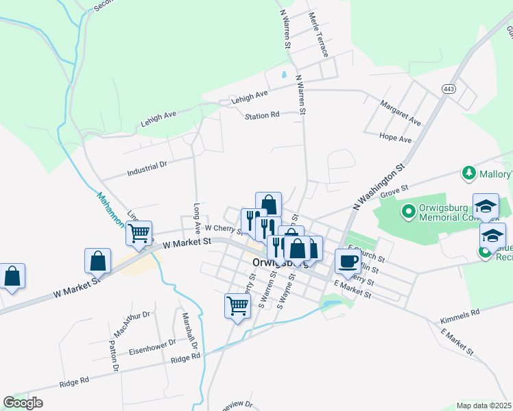 map of restaurants, bars, coffee shops, grocery stores, and more near 227 North Walborn Avenue in Orwigsburg