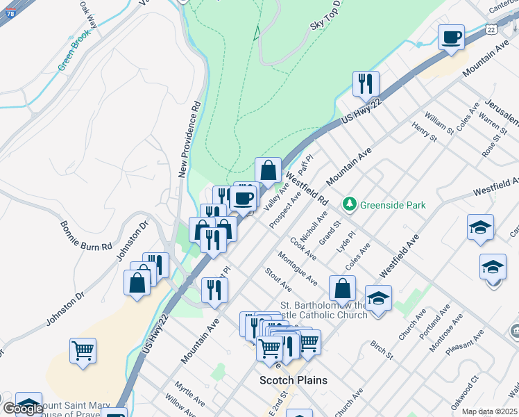 map of restaurants, bars, coffee shops, grocery stores, and more near 2040 U.S. 22 in Scotch Plains