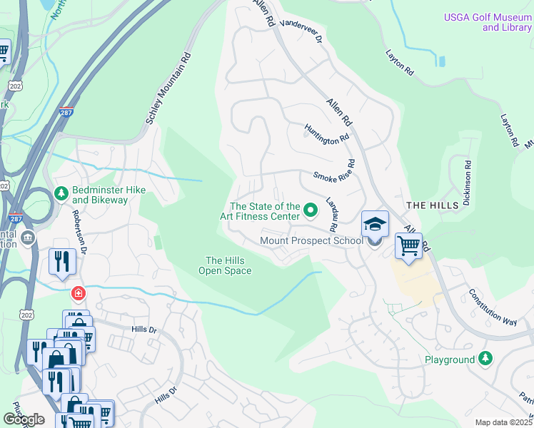 map of restaurants, bars, coffee shops, grocery stores, and more near 83 Hyde Court in Bedminster