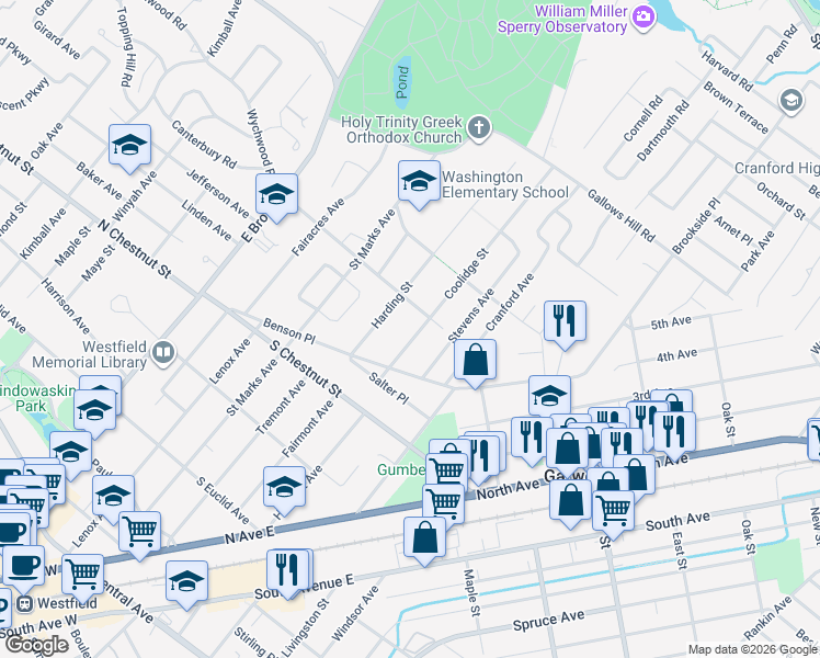 map of restaurants, bars, coffee shops, grocery stores, and more near 733 Coolidge Street in Westfield