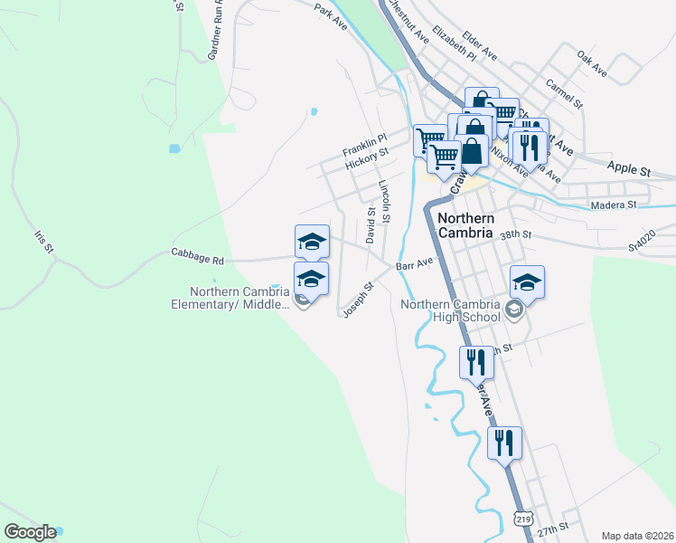map of restaurants, bars, coffee shops, grocery stores, and more near 502 Joseph Street in Northern Cambria