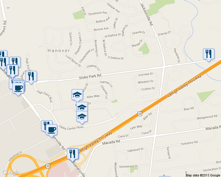 map of restaurants, bars, coffee shops, grocery stores, and more near 3285 Harmor Ln in Bethlehem