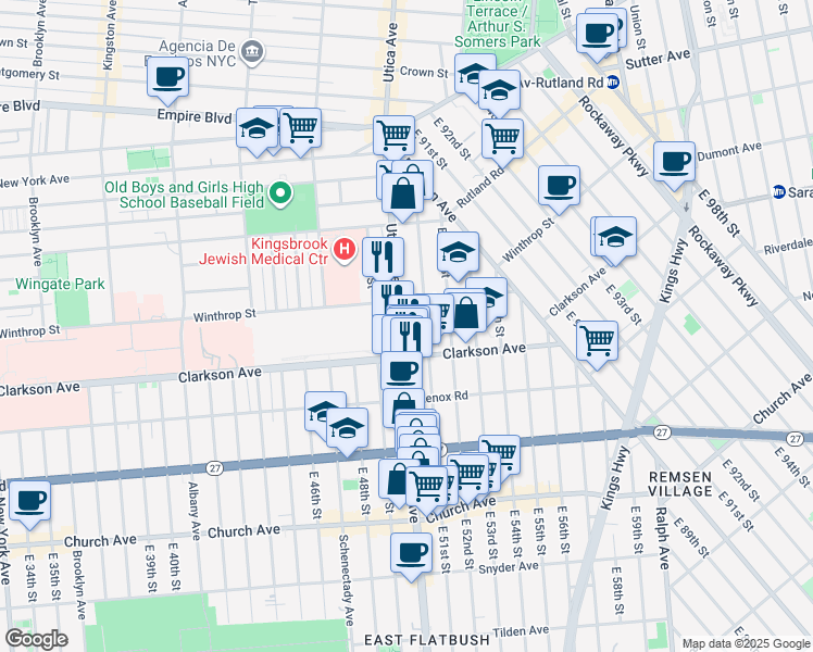 map of restaurants, bars, coffee shops, grocery stores, and more near 651 Utica Avenue in Brooklyn