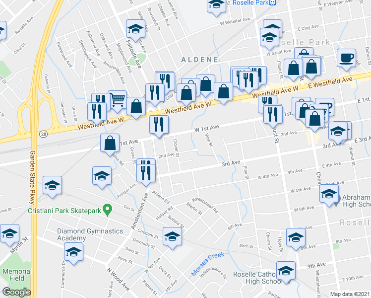 map of restaurants, bars, coffee shops, grocery stores, and more near 438 W 2nd Ave in Roselle