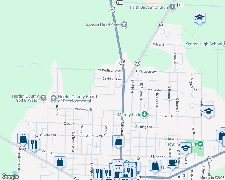 map of restaurants, bars, coffee shops, grocery stores, and more near 791 North Market Street in Kenton