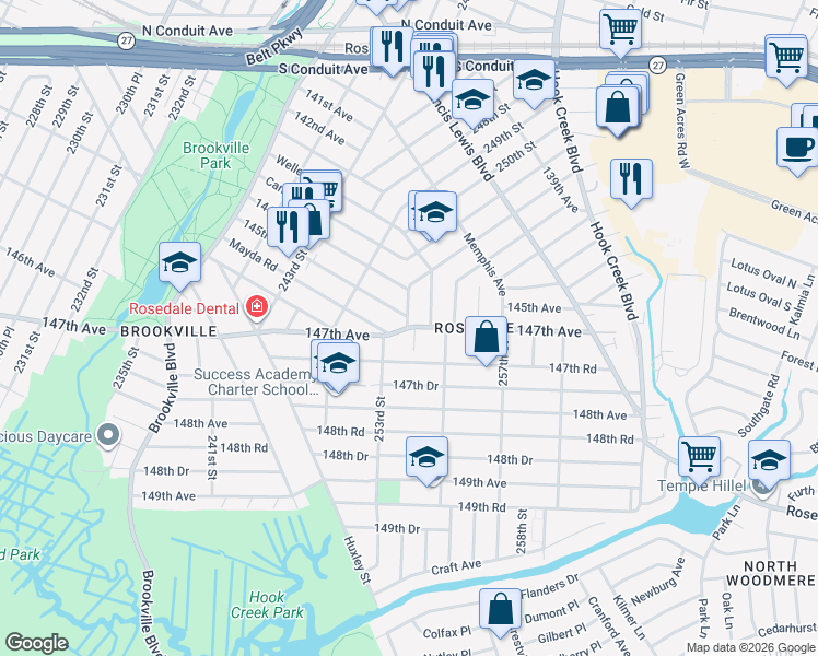 map of restaurants, bars, coffee shops, grocery stores, and more near 253-22 147th Avenue in Queens