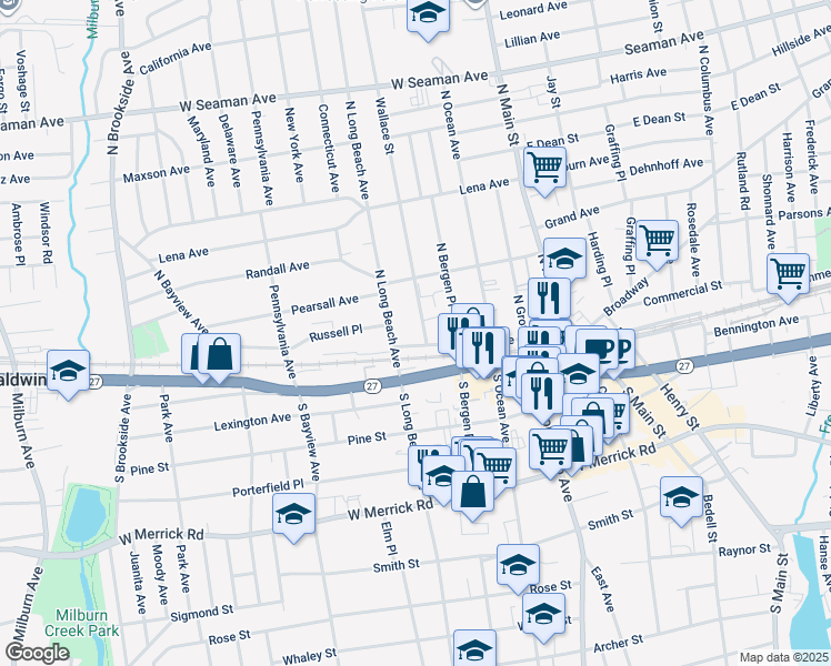 map of restaurants, bars, coffee shops, grocery stores, and more near 11 Wallace Street in Freeport