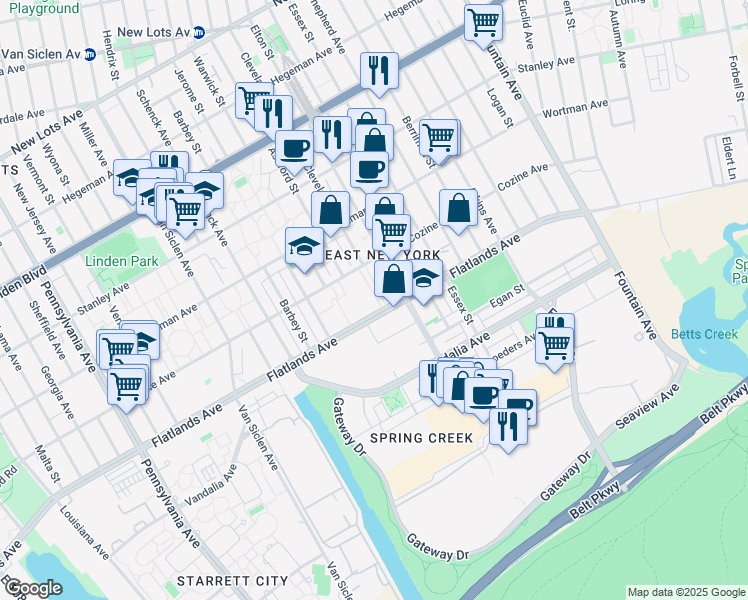map of restaurants, bars, coffee shops, grocery stores, and more near 12421 Flatlands Avenue in Brooklyn
