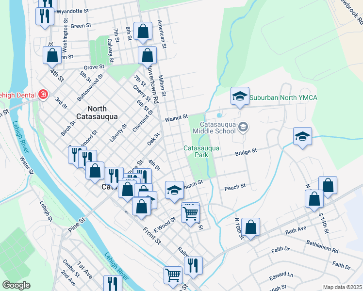 map of restaurants, bars, coffee shops, grocery stores, and more near 530 Kurtz Street in Catasauqua