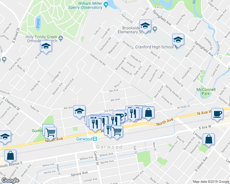 map of restaurants, bars, coffee shops, grocery stores, and more near 11 5th Avenue in Cranford
