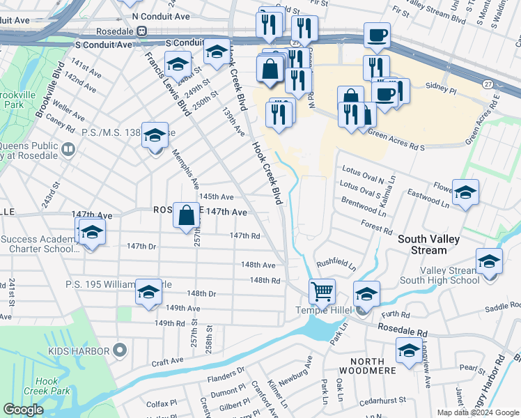 map of restaurants, bars, coffee shops, grocery stores, and more near 258-31 Francis Lewis Boulevard in Queens