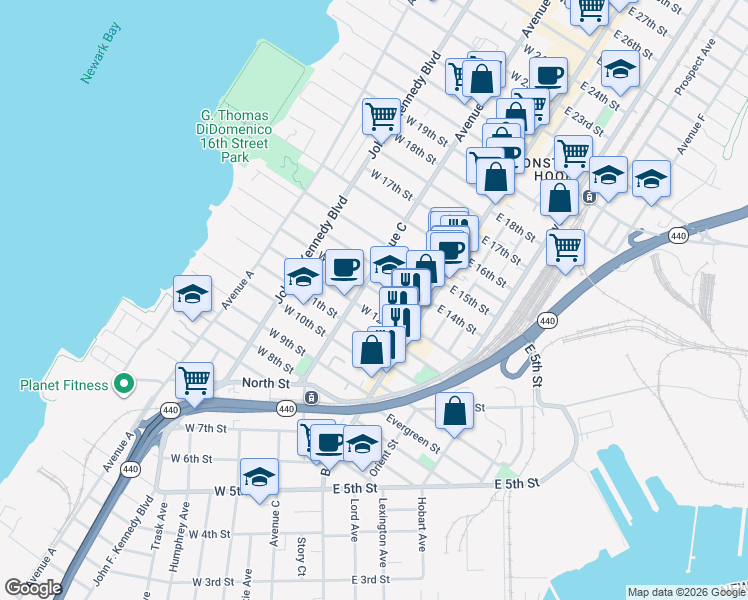 map of restaurants, bars, coffee shops, grocery stores, and more near 32 West 13th Street in Bayonne