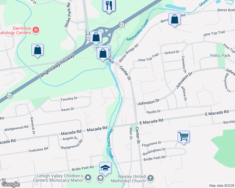 map of restaurants, bars, coffee shops, grocery stores, and more near 225 Bella Vista Drive in Bethlehem