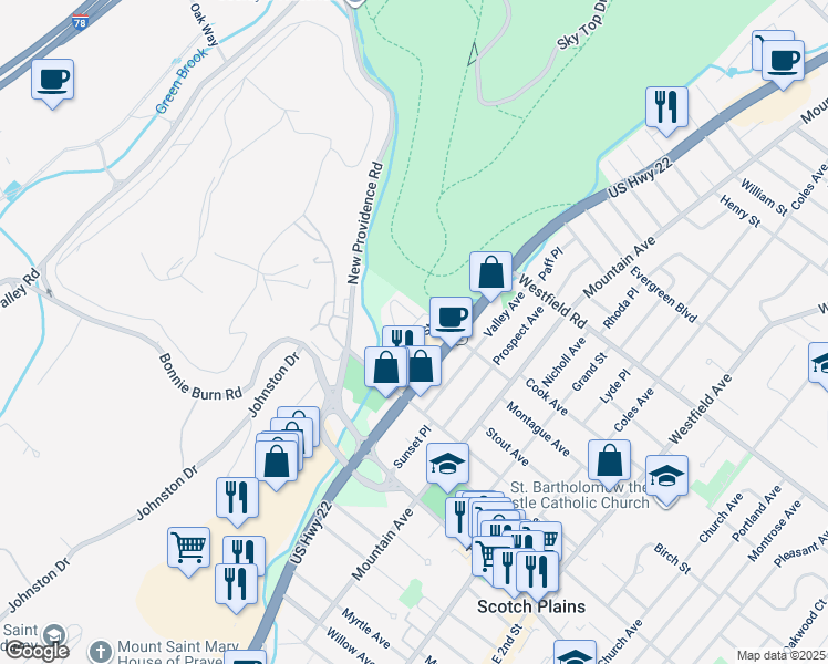 map of restaurants, bars, coffee shops, grocery stores, and more near 117 Donato Circle in Scotch Plains