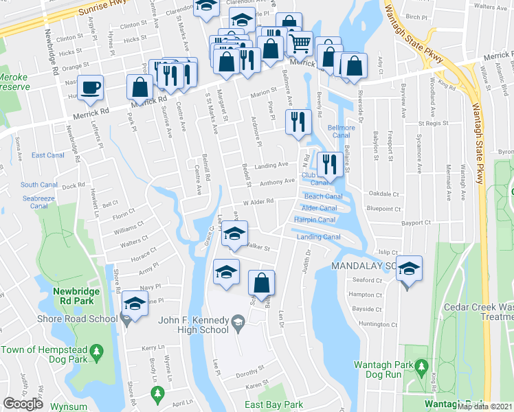 map of restaurants, bars, coffee shops, grocery stores, and more near 2700 West Alder Road in Bellmore