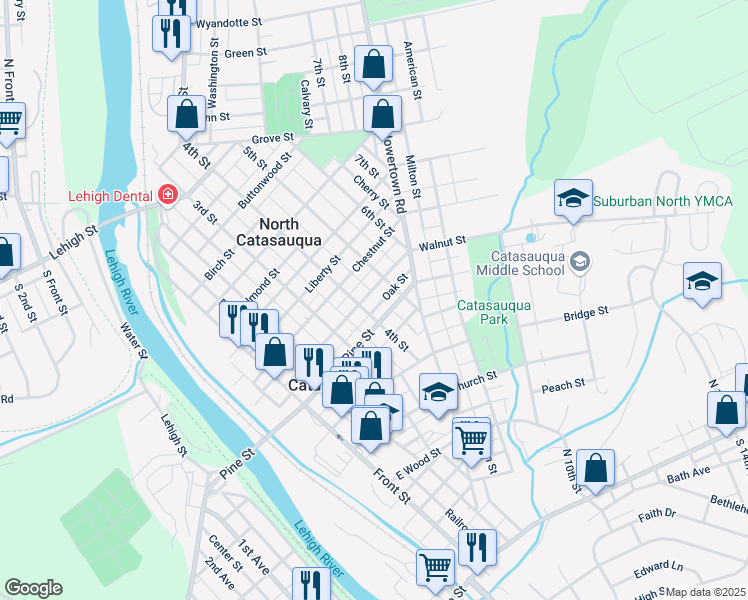 map of restaurants, bars, coffee shops, grocery stores, and more near 408 Pine Street in Catasauqua