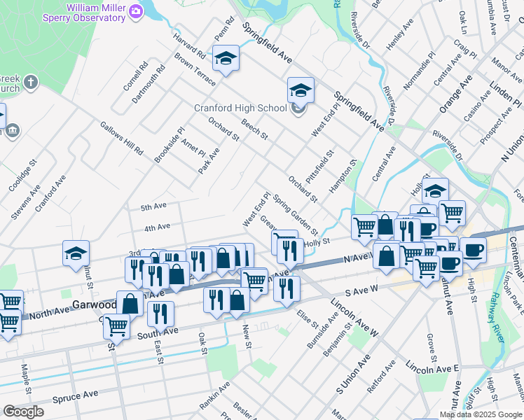 map of restaurants, bars, coffee shops, grocery stores, and more near 36 Greaves Place in Cranford