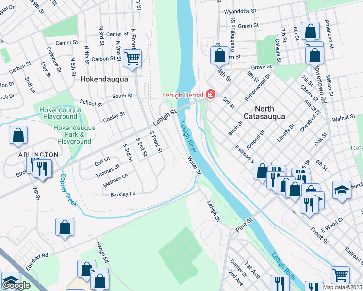 map of restaurants, bars, coffee shops, grocery stores, and more near 3273 Water Street in Hokendauqua