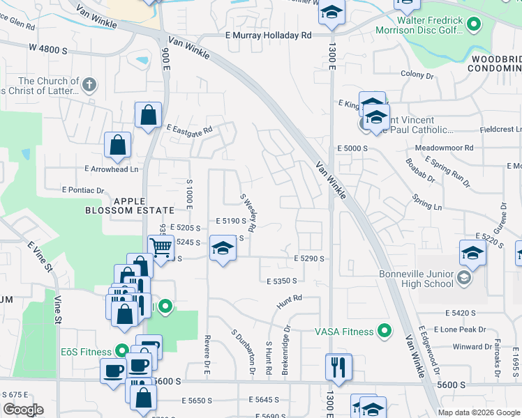map of restaurants, bars, coffee shops, grocery stores, and more near 5162 South Wesley Road in Salt Lake City
