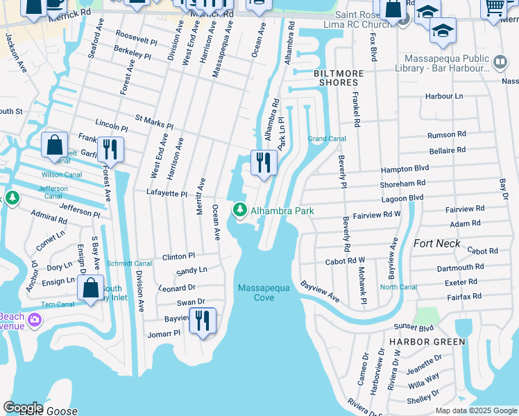 map of restaurants, bars, coffee shops, grocery stores, and more near 9 Alhambra Road in Massapequa